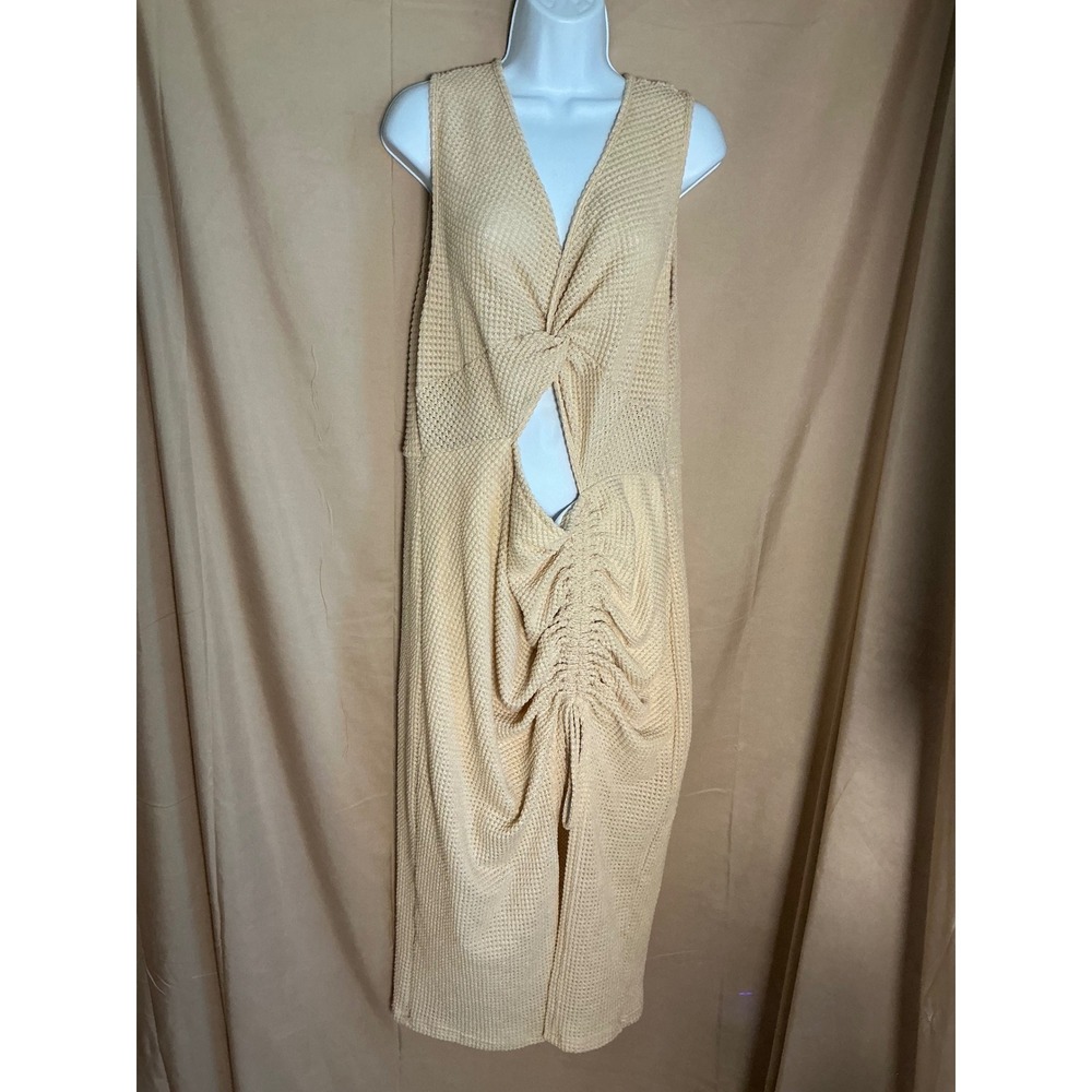 Unbranded Waffle Knit Dress Women 2XL Cream Excellent Cutout Ruched Twist Front